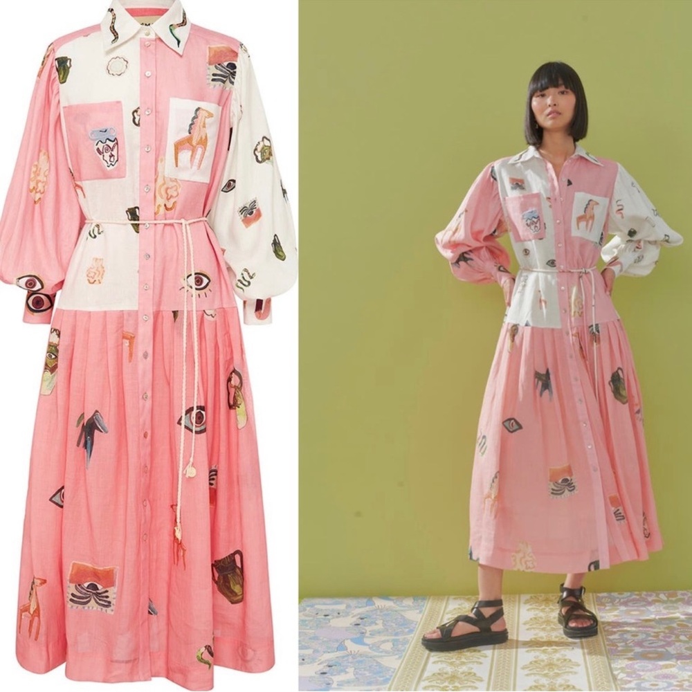 ALEMAIS CLEO PATCHWORK MIDI SHIRTDRESS IN PINK Size 4 Small